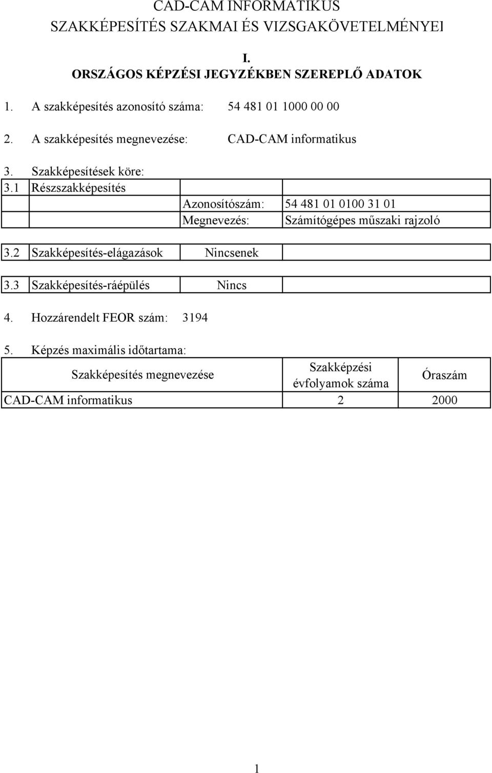 3.1 Szakképesítések köre: Részszakképesítés 3.2 Szakképesítés-elágazások 3.3 Szakképesítés-ráépülés 4.