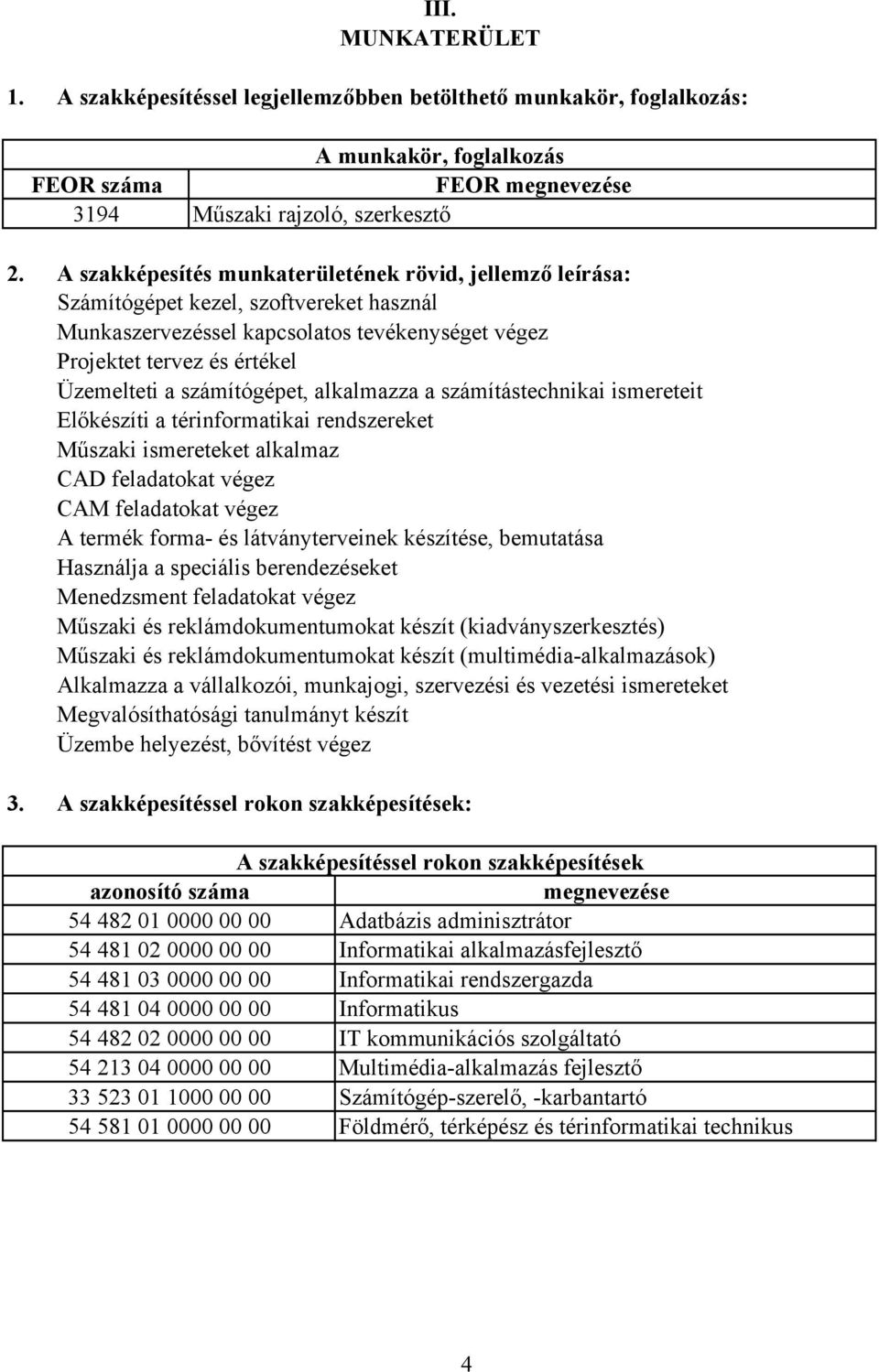 A szakképesítés munkaterületének rövid, jellemző leírása: Számítógépet kezel, szoftvereket használ Munkaszervezéssel kapcsolatos tevékenységet végez Projektet tervez és értékel Üzemelteti a