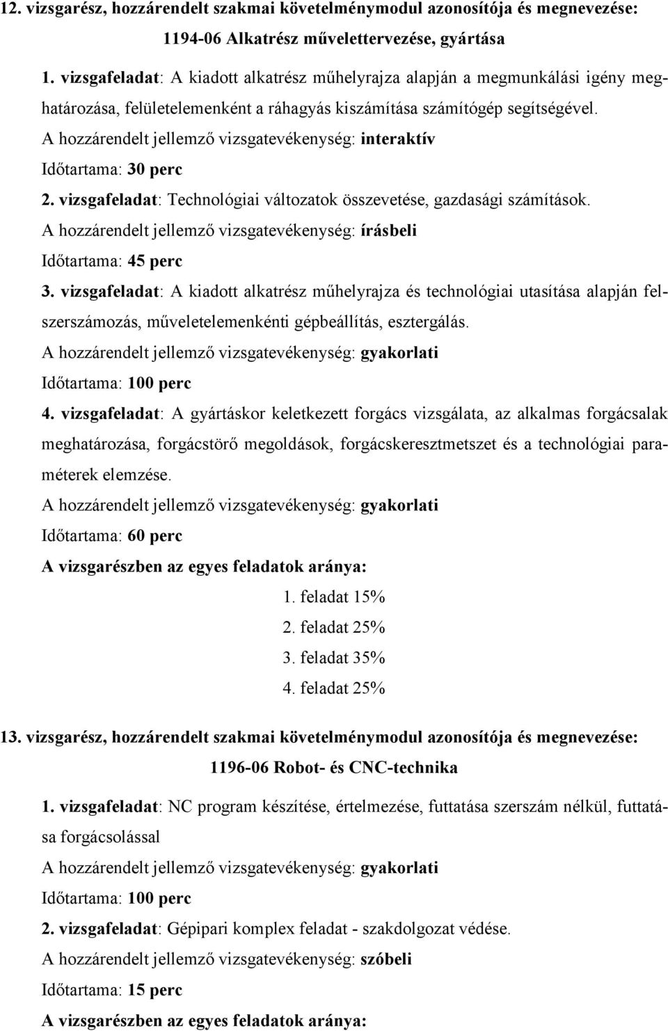 vizsgafeladat: Technológiai változatok összevetése, gazdasági számítások. Időtartama: 45 perc 3.