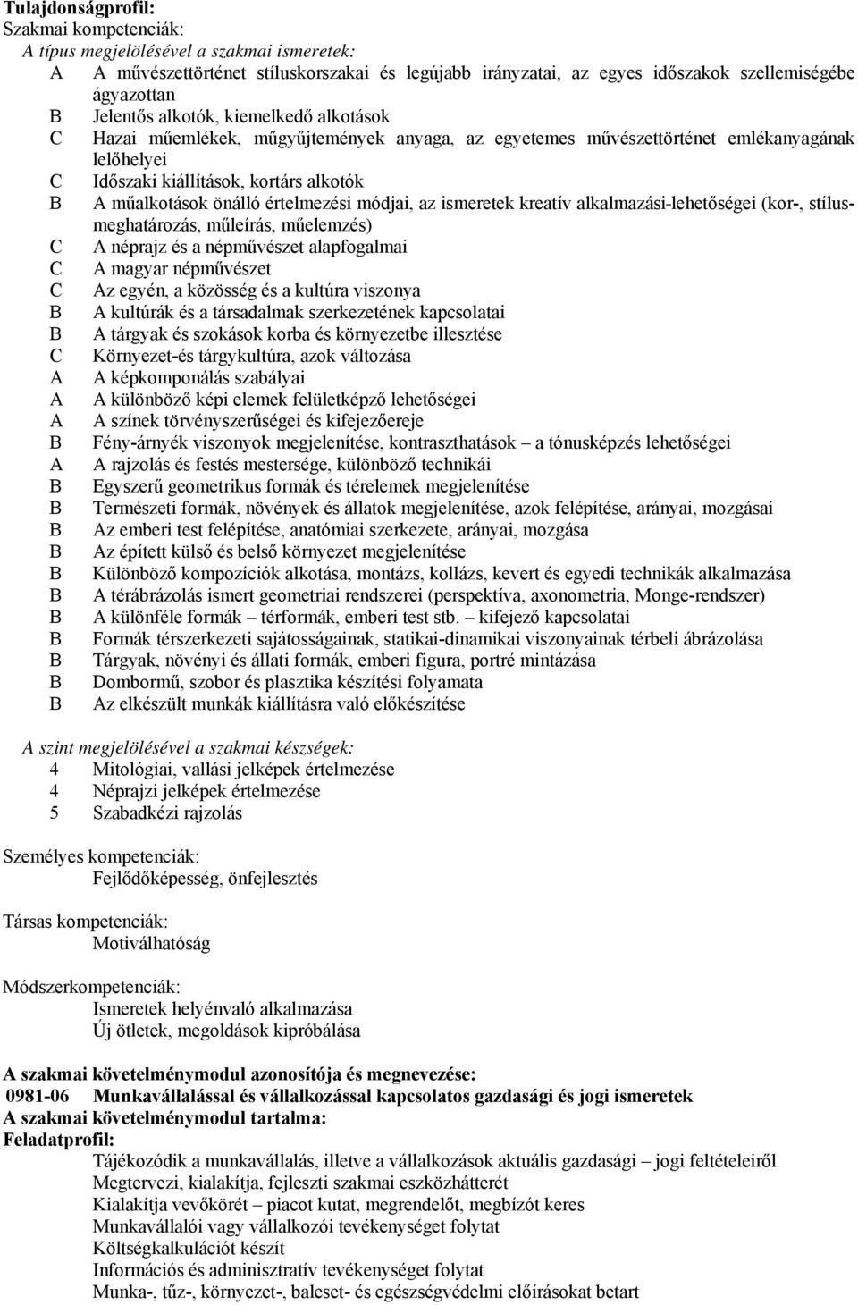 értelmezési módjai, az ismeretek kreatív alkalmazási lehetőségei (kor-, stílusmeghatározás, műleírás, műelemzés) C A néprajz és a népművészet alapfogalmai C A magyar népművészet C Az egyén, a