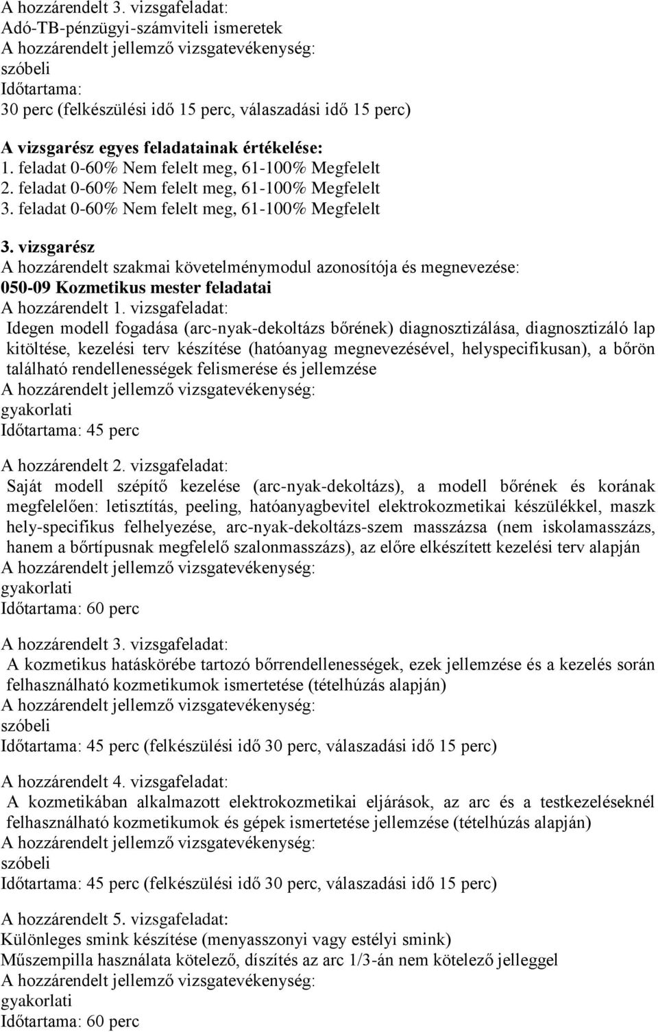 feladat 0-60% Nem felelt meg, 61-100% Megfelelt 3. vizsgarész A hozzárendelt szakmai követelménymodul azonosítója és megnevezése: 050-09 Kozmetikus mester feladatai A hozzárendelt 1.