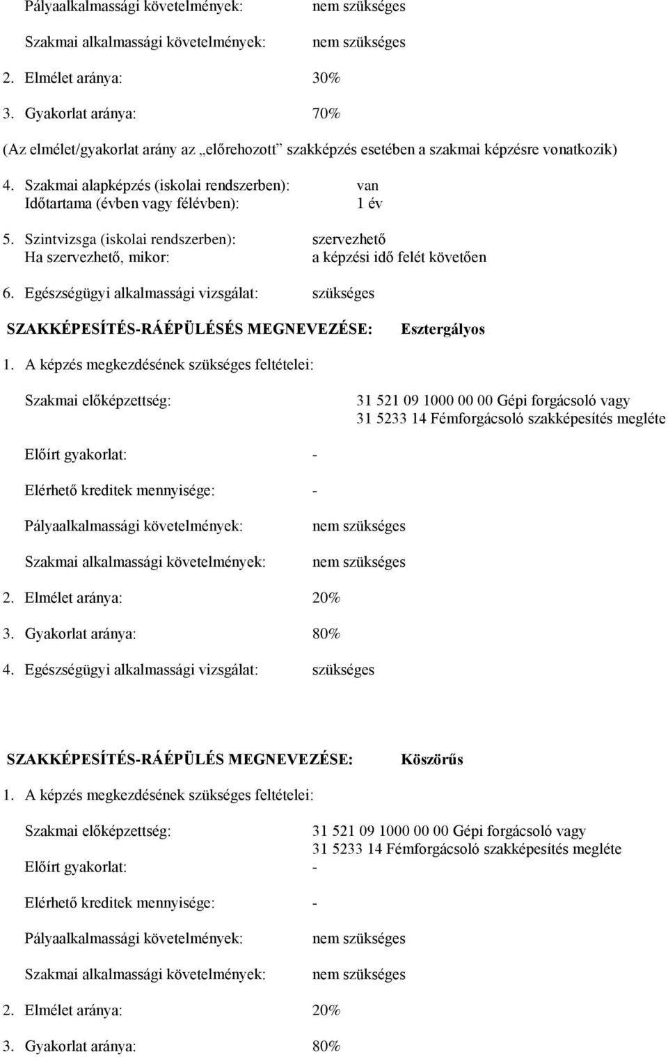 Szakmai alapképzés (iskolai rendszerben): van Időtartama (évben vagy félévben): 1 év 5. Szintvizsga (iskolai rendszerben): szervezhető Ha szervezhető, mikor: a képzési idő felét követően 6.