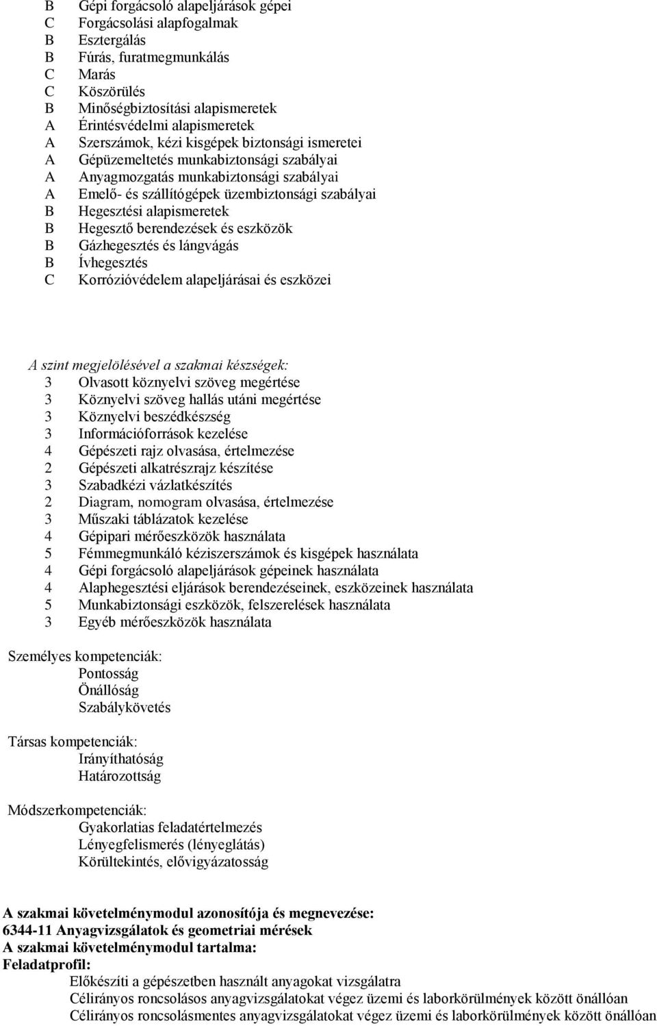 Hegesztési alapismeretek Hegesztő berendezések és eszközök Gázhegesztés és lángvágás Ívhegesztés Korrózióvédelem alapeljárásai és eszközei A szint megjelölésével a szakmai készségek: 3 Olvasott