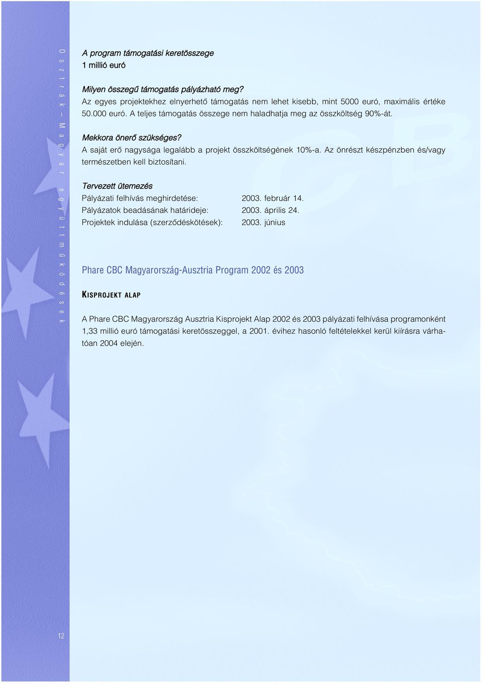 A saját erô nagysága legalább a projekt összköltségének 10%-a. Az önrészt készpénzben és/vagy természetben kell biztosítani. Tervezett ütemezés Pályázati felhívás meghirdetése: 2003. február 14.
