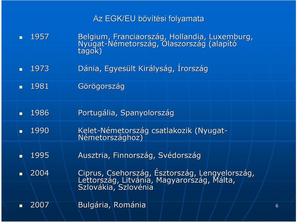 Kelet-Németorsz metország g csatlakozik (Nyugat- Németországhoz) 1995 Ausztria, Finnország, Svédorsz dország 2004 Ciprus,