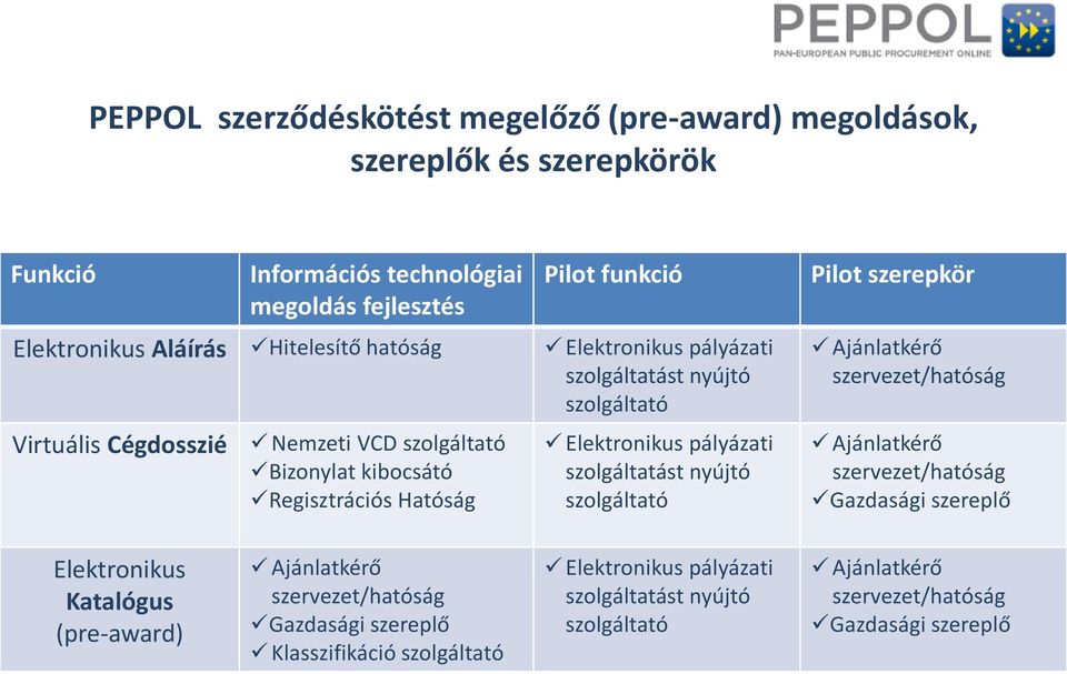 pályázati szolgáltatást nyújtó szolgáltató Pilot szerepkör Ajánlatkérő szervezet/hatóság Ajánlatkérő szervezet/hatóság Gazdasági szereplő Katalógus