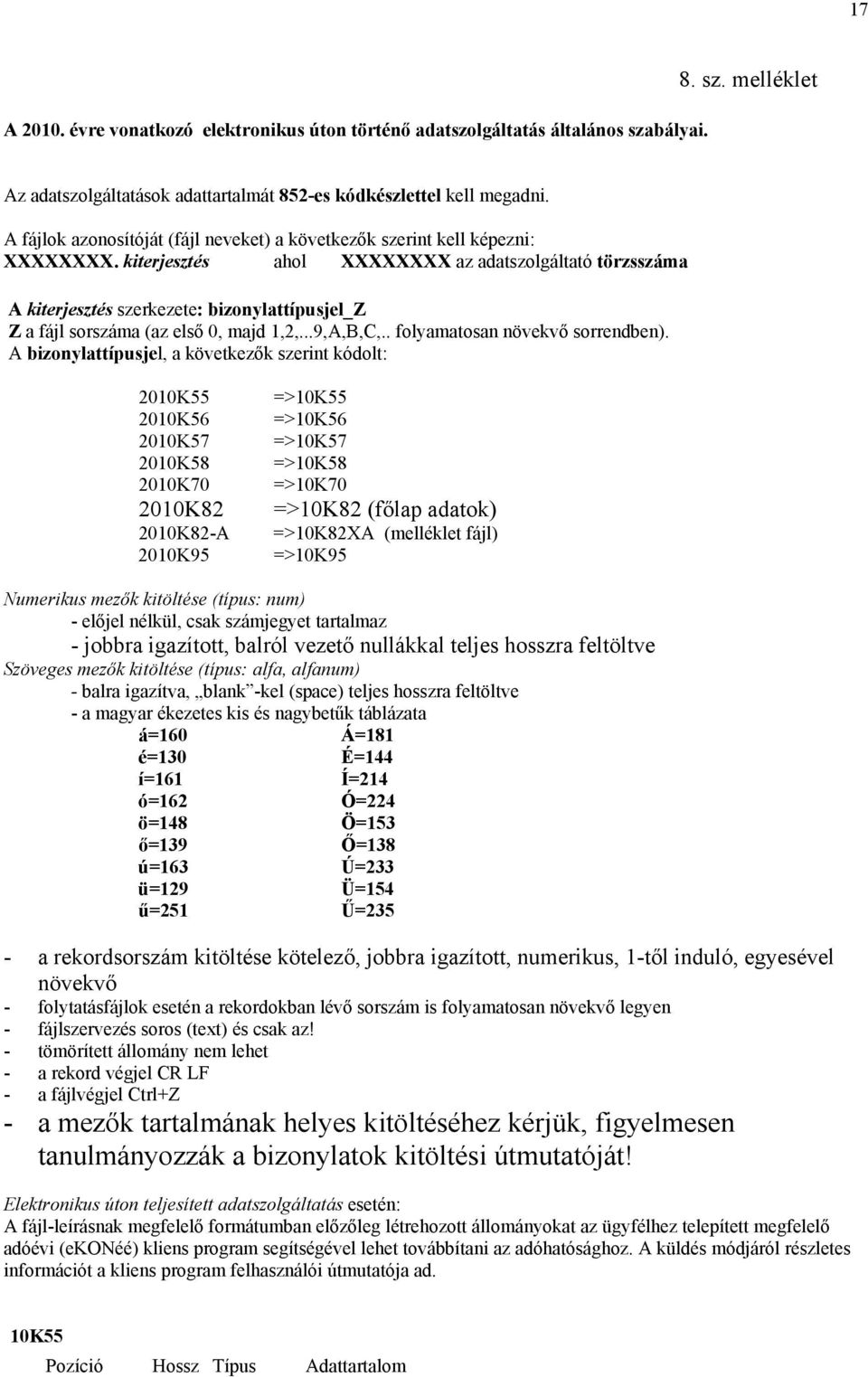 kiterjesztés ahol XXXXXXXX az adatszolgáltató törzsszáma A kiterjesztés szerkezete: bizonylattípusjel_z Z a fájl sorszáma (az első 0, majd 1,2,...9,A,B,C,.. folyamatosan növekvő sorrendben).
