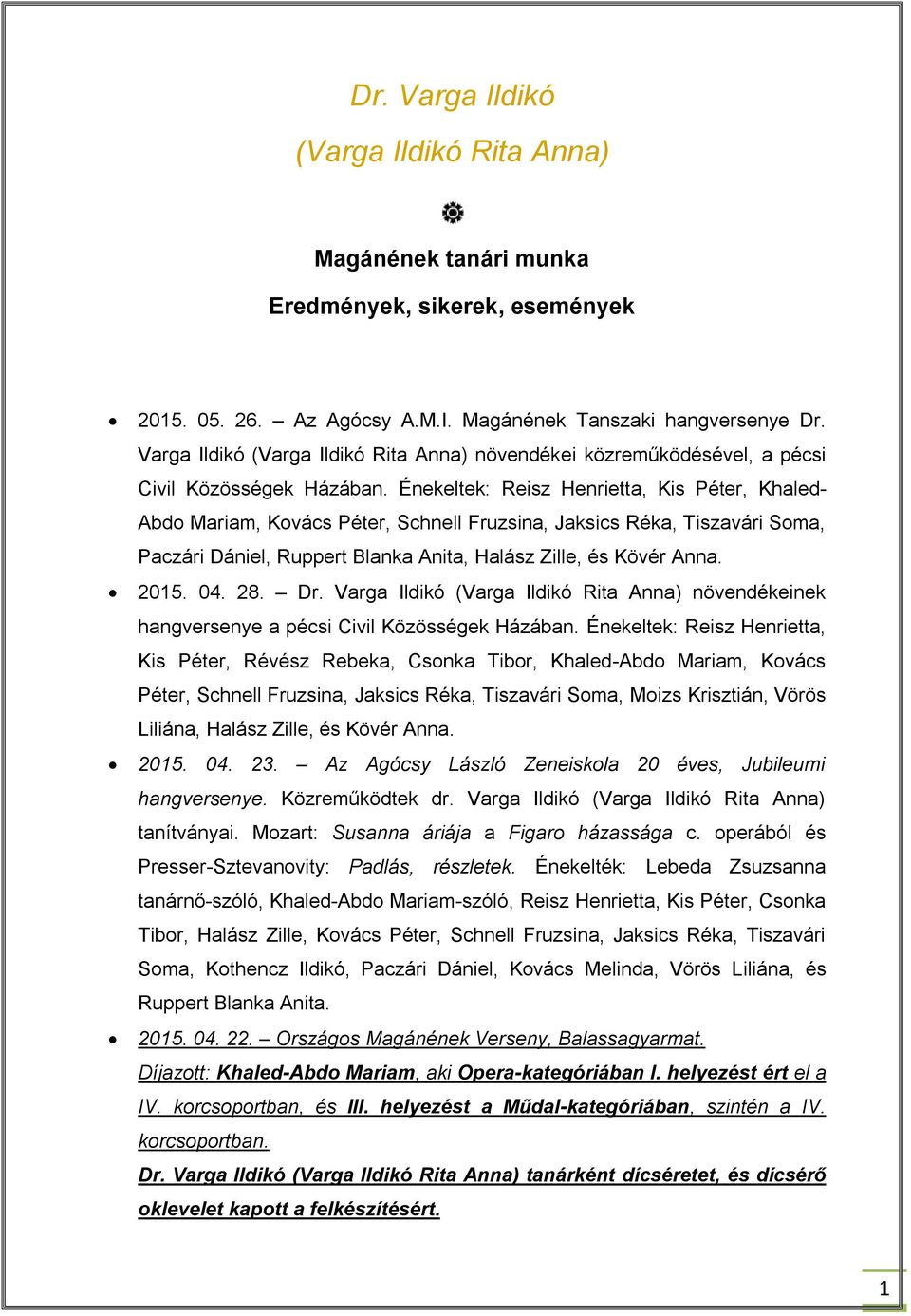 Énekeltek: Reisz Henrietta, Kis Péter, Khaled- Abdo Mariam, Kovács Péter, Schnell Fruzsina, Jaksics Réka, Tiszavári Soma, Paczári Dániel, Ruppert Blanka Anita, Halász Zille, és Kövér Anna. 2015. 04.