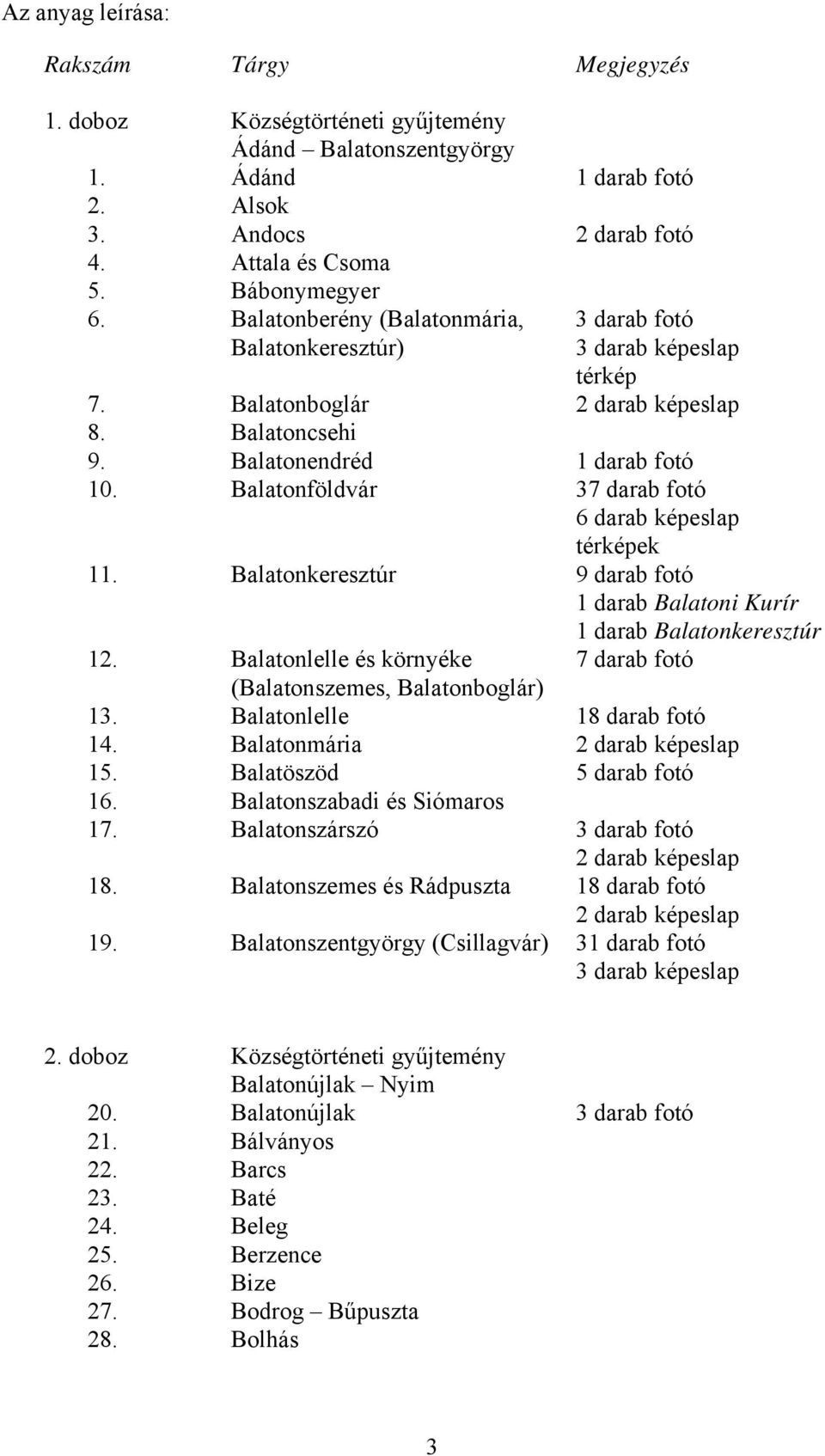 Balatonföldvár 37 darab fotó 6 darab képeslap térképek 11. Balatonkeresztúr 9 darab fotó 1 darab Balatoni Kurír 1 darab Balatonkeresztúr 12.