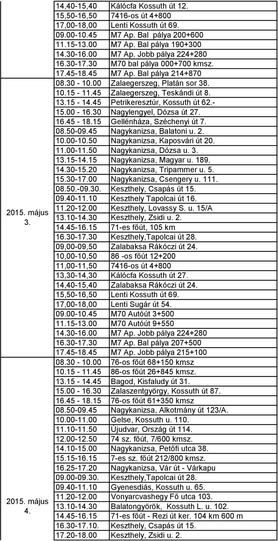 00-16.30 Nagylengyel, Dózsa út 27. 16.45-18.15 Gellénháza, Széchenyi út 7. 08.50-09.45 Nagykanizsa, Balatoni u. 2. 10.00-10.50 Nagykanizsa, Kaposvári út 20. 11.00-11.50 Nagykanizsa, Dózsa u. 3. 13.