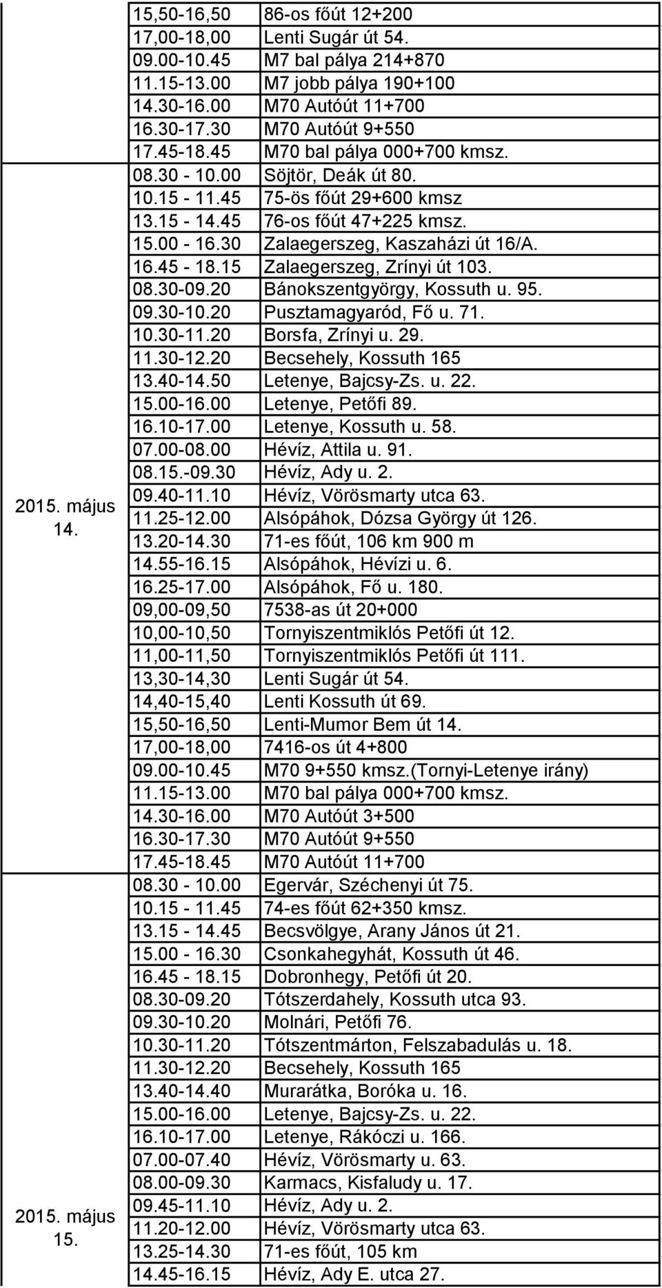 20 Bánokszentgyörgy, Kossuth u. 95. 09.30-10.20 Pusztamagyaród, Fő u. 71. 10.30-11.20 Borsfa, Zrínyi u. 29. 11.30-12.20 Becsehely, Kossuth 165 13.40-14.50 Letenye, Bajcsy-Zs. u. 22. 15.00-16.