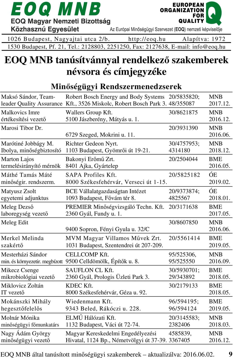 Matyusz Zsolt egyetemi adjunktus Meleg Dezső laboregység vezető Meleg Edit Merkel Melinda szakértő Mesterházi Sándor min. és környezetir.