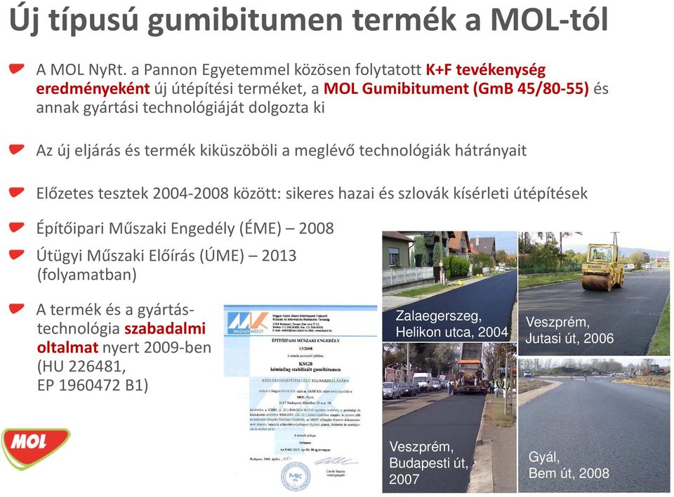 ki Az új eljárás és termék kiküszöböli a meglévő technológiák hátrányait Előzetes tesztek 2004-2008 között: sikeres hazai és szlovák kísérleti útépítések Építőipari