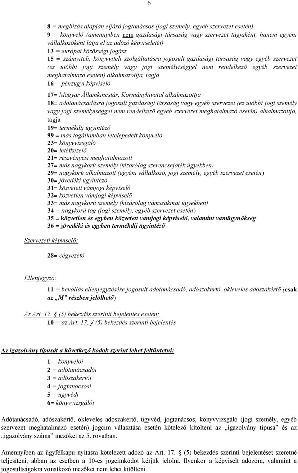 rendelkező egyéb szervezet meghatalmazó esetén) alkalmazottja, tagja 16 = pénzügyi képviselő 17= Magyar Államkincstár, Kormányhivatal alkalmazottja 18= adótanácsadásra jogosult gazdasági társaság