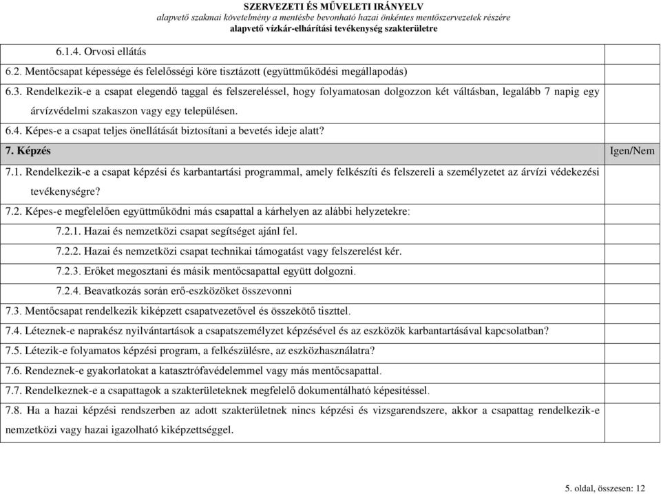 Képes-e a csapat teljes önellátását biztosítani a bevetés ideje alatt? 7. Képzés Igen/Nem 7.1.