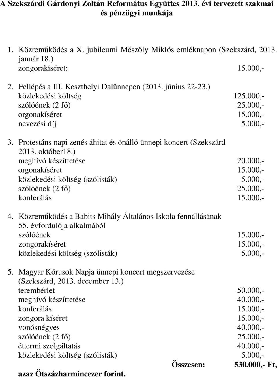 Protestáns napi zenés áhitat és önálló ünnepi koncert (Szekszárd 2013. október18.) meghívó készíttetése 20.000,- közlekedési költség (szólisták) 5.000,- szólóének (2 fı) 25.000,- konferálás 15.