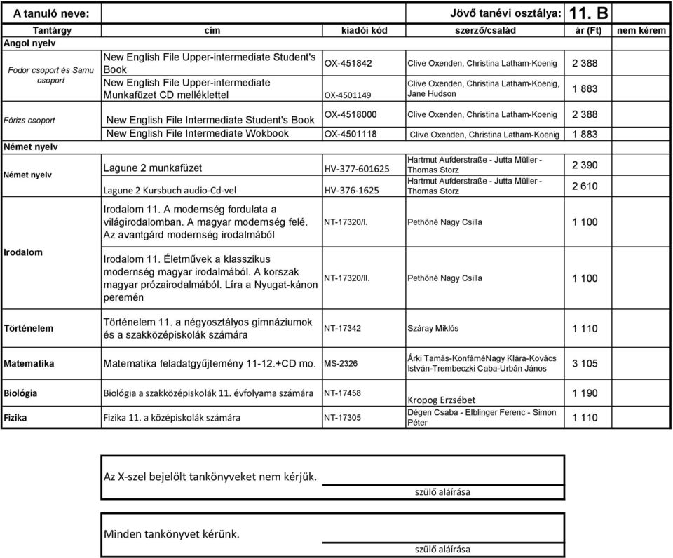 csoport New English File Intermediate Student's Book OX-4518000 Clive Oxenden, Christina Latham-Koenig 2 388 New English File Intermediate Wokbook OX-4501118 Clive Oxenden, Christina Latham-Koenig