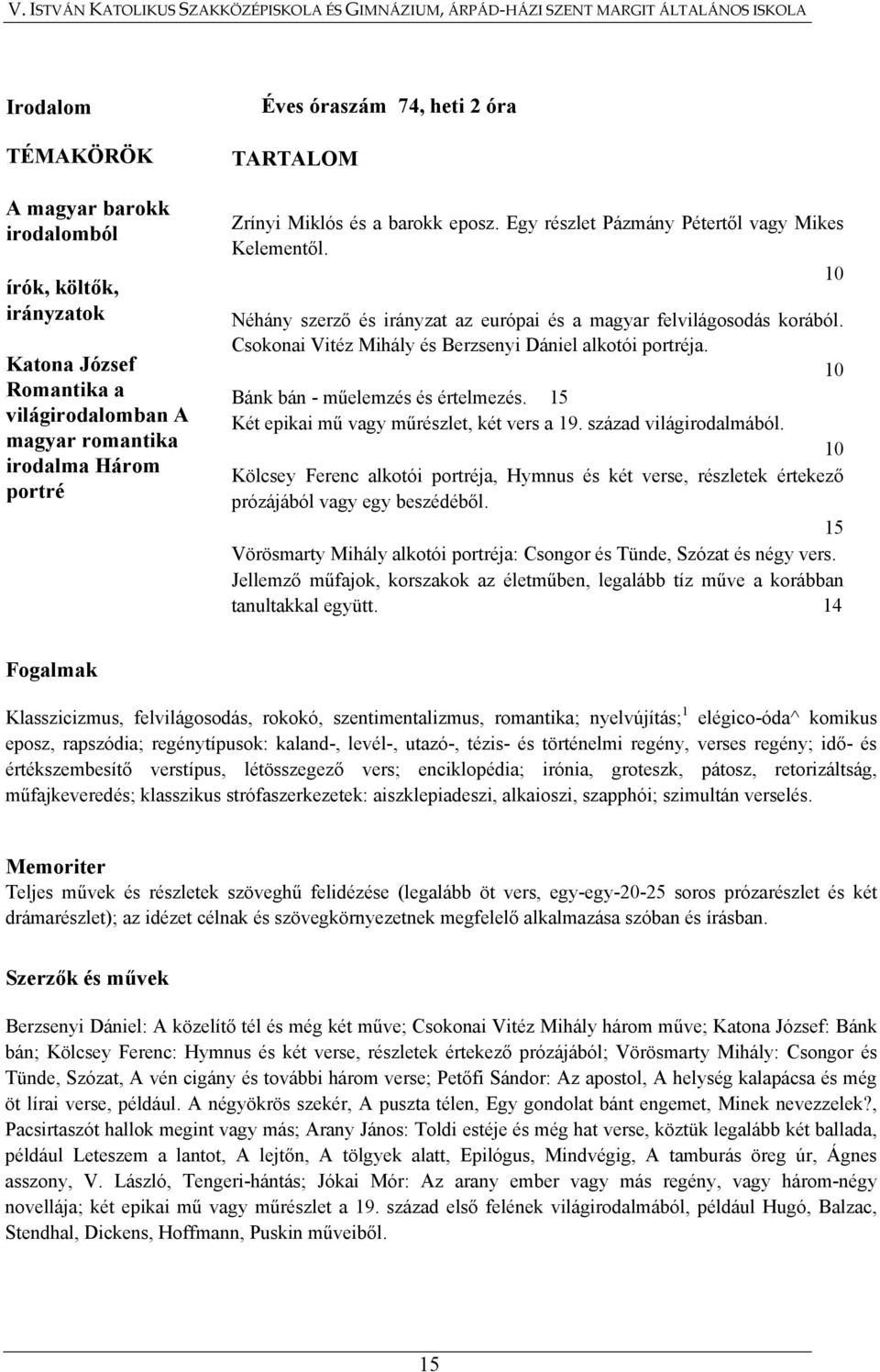 Csokonai Vitéz Mihály és Berzsenyi Dániel alkotói portréja. 10 Bánk bán - műelemzés és értelmezés. 15 Két epikai mű vagy műrészlet, két vers a 19. század világirodalmából.