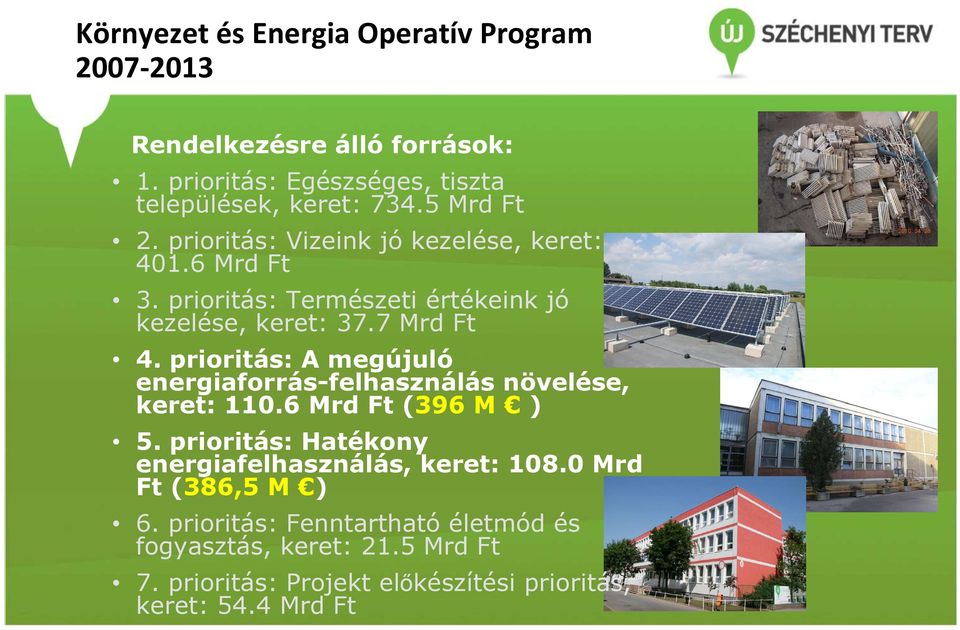 prioritás: A megújuló energiaforrás-felhasználás növelése, keret: 110.6 Mrd Ft (396 M ) 5.