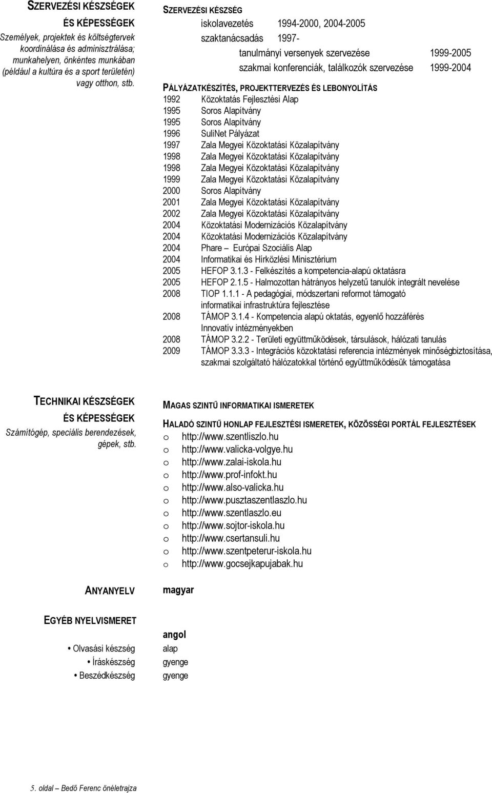 PROJEKTTERVEZÉS ÉS LEBONYOLÍTÁS 1992 Közktatás Fejlesztési Alap 1995 Srs Alapítvány 1995 Srs Alapítvány 1996 SuliNet Pályázat 1997 Zala Megyei Közktatási Közalapítvány 1998 Zala Megyei Közktatási