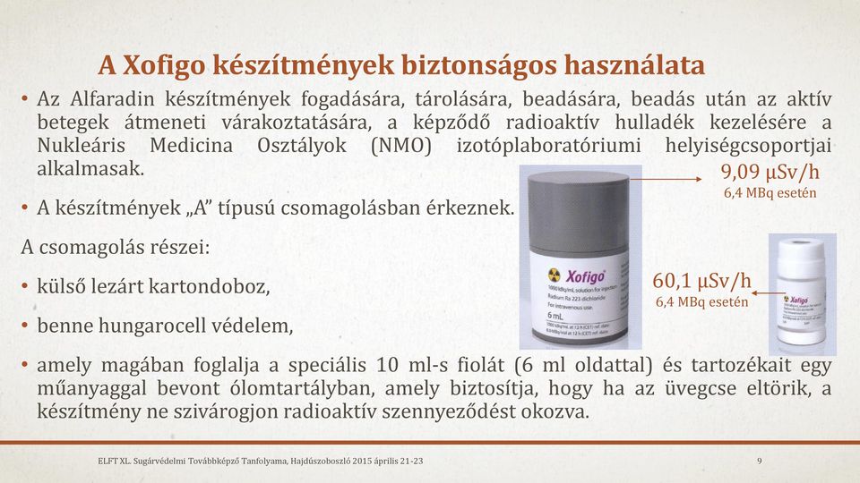 A csomagolás részei: külső lezárt kartondoboz, benne hungarocell védelem, 60,1 µsv/h 6,4 MBq esetén amely magában foglalja a speciális 10 ml-s fiolát (6 ml oldattal) és tartozékait egy