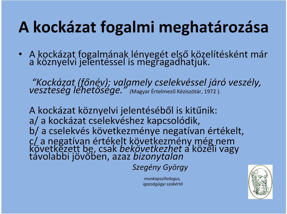 A kockázat köznyelvi jelentéséből is kitűnik: a/ a kockázat cselekvéshez kapcsolódik, b/ a cselekvés következménye negatívan értékelt, c/ a