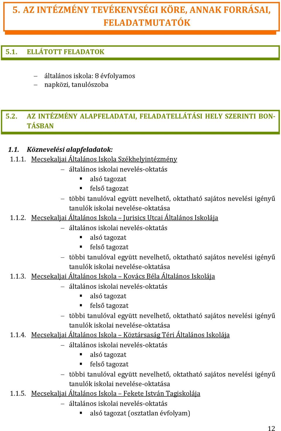 1. Köznevelési alapfeladatok: 1.1.1. Mecsekaljai Általános Iskola Székhelyintézmény általános iskolai nevelés-oktatás alsó tagozat felső tagozat többi tanulóval együtt nevelhető, oktatható sajátos