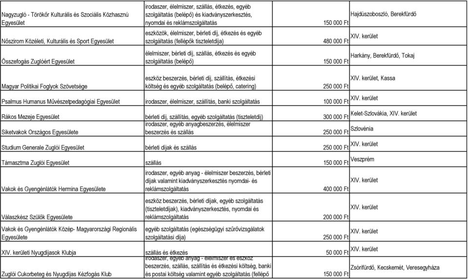 szolgáltatás (belépő) Hajdúszoboszló, Berekfürdő 480 000 Ft Harkány, Berekfürdő, Tokaj Magyar Politikai Foglyok Szövetsége eszköz beszerzés, bérleti díj, szállítás, étkezési költség és egyéb