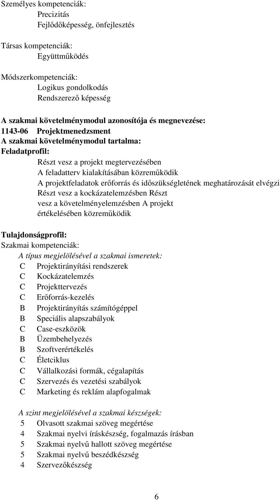 projektfeladatok erıforrás és idıszükségletének meghatározását elvégzi Részt vesz a kockázatelemzésben Részt vesz a követelményelemzésben A projekt értékelésében közremőködik Tulajdonságprofil: