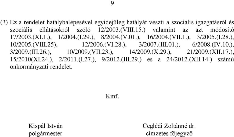 (III.01.), 6/2008.(IV.10.), 3/2009.(III.26.), 10/2009.(VII.23.), 14/2009.(X.29.), 21/2009.(XII.17.), 15/2010(XI.24.), 2/2011.(I.27.), 9/2012.