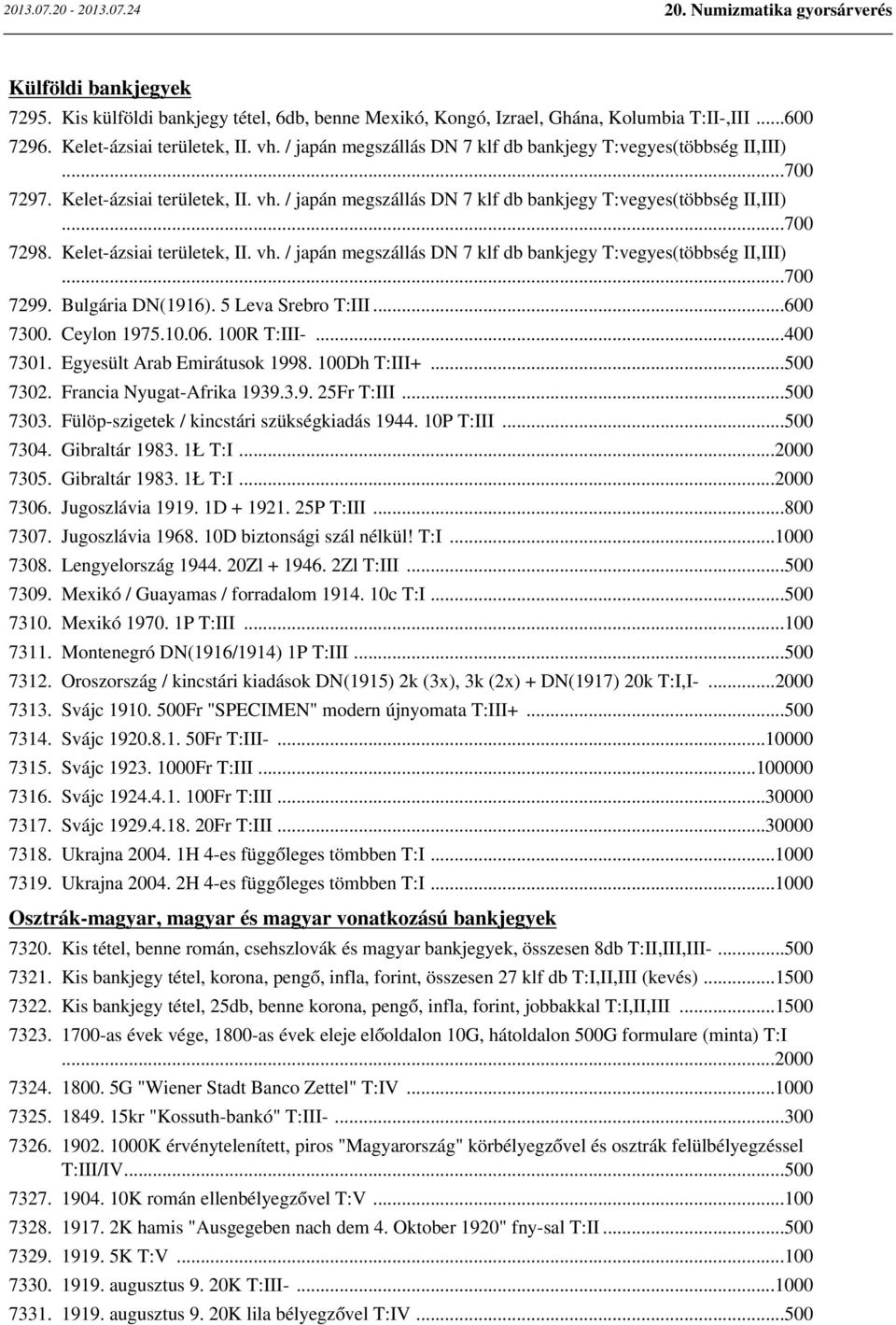 Kelet-ázsiai területek, II. vh. / japán megszállás DN 7 klf db bankjegy T:vegyes(többség II,III)...700 7299. Bulgária DN(1916). 5 Leva Srebro T:III...600 7300. Ceylon 1975.10.06. 100R T:III-...400 7301.