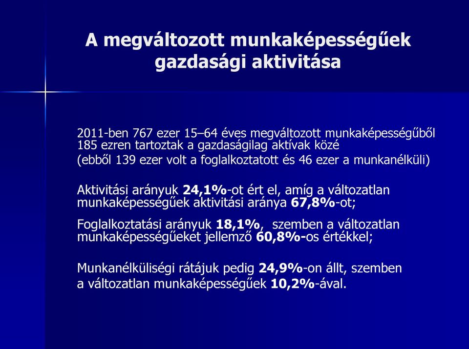 24,1%-ot ért el, amíg a változatlan munkaképességűek aktivitási aránya 67,8%-ot; Foglalkoztatási arányuk 18,1%, szemben a