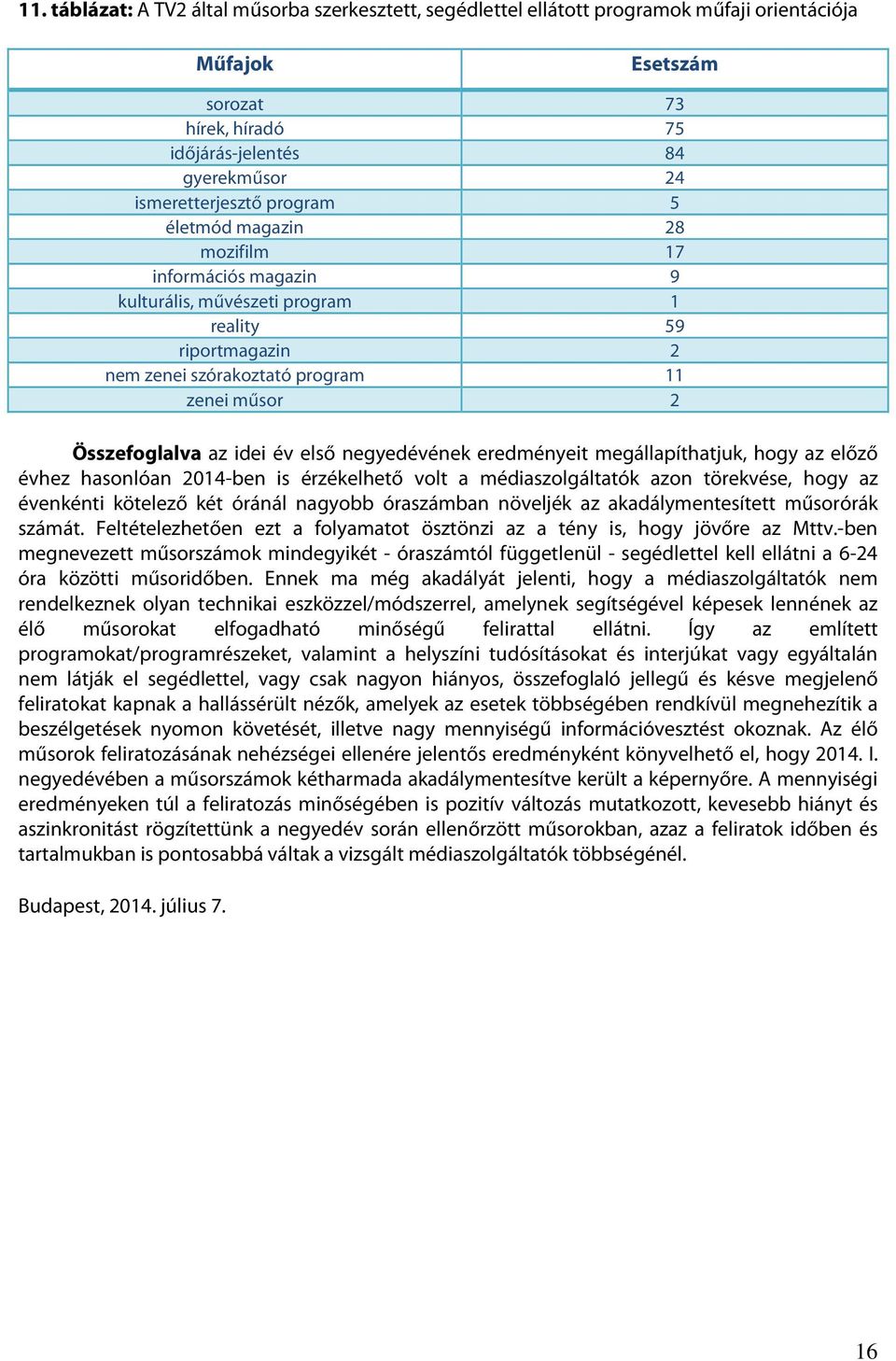 negyedévének eredményeit megállapíthatjuk, hogy az előző évhez hasonlóan 2014-ben is érzékelhető volt a médiaszolgáltatók azon törekvése, hogy az évenkénti kötelező két óránál nagyobb óraszámban