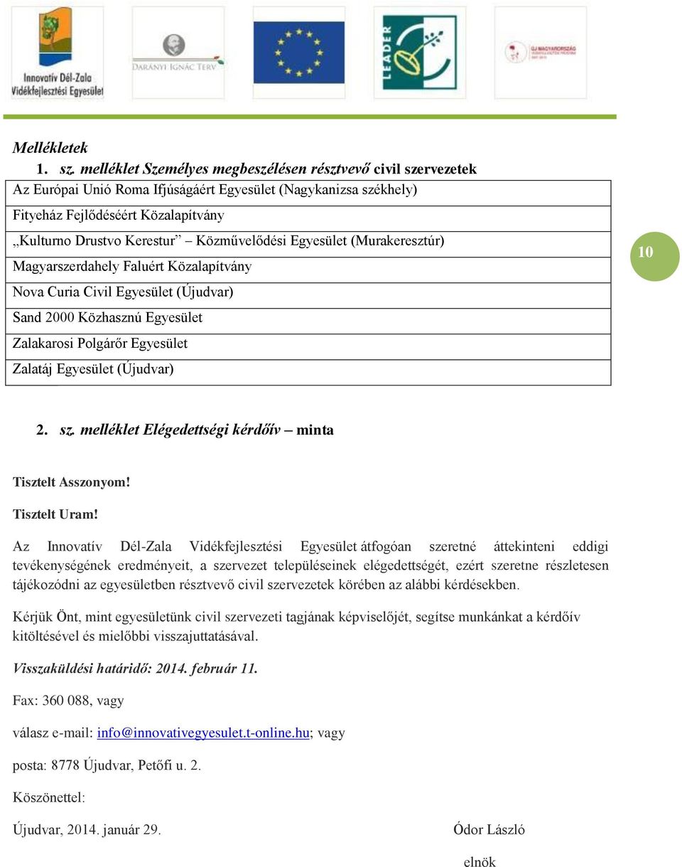 Közművelődési Egyesület (Murakeresztúr) Magyarszerdahely Faluért Közalapítvány Nova Curia Civil Egyesület (Újudvar) Sand 2000 Közhasznú Egyesület Zalakarosi Polgárőr Egyesület Zalatáj Egyesület