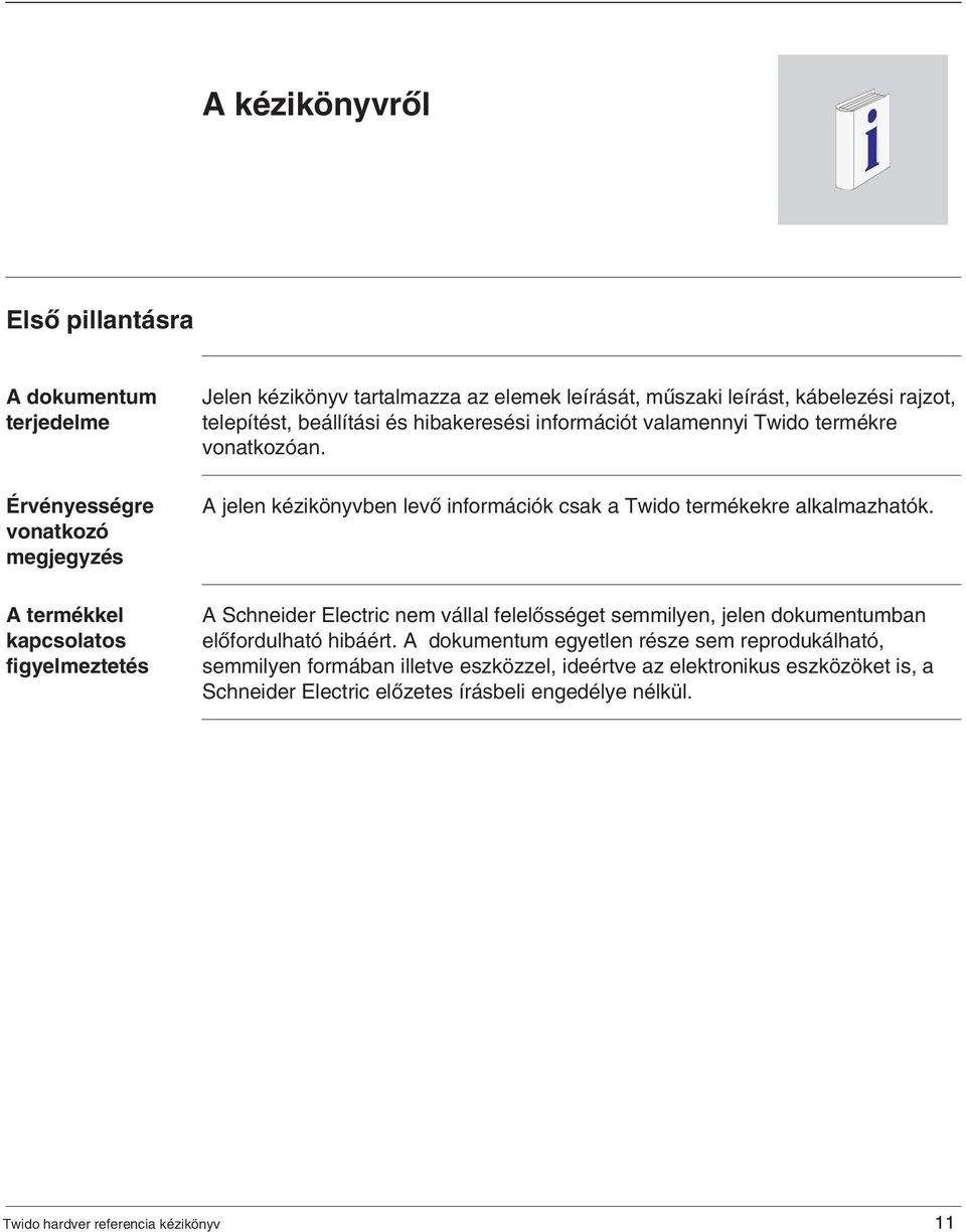 A jelen kézikönyvben levô információk csak a Twido termékekre alkalmazhatók. A Schneider Electric nem vállal felelôsséget semmilyen, jelen dokumentumban elôfordulható hibáért.