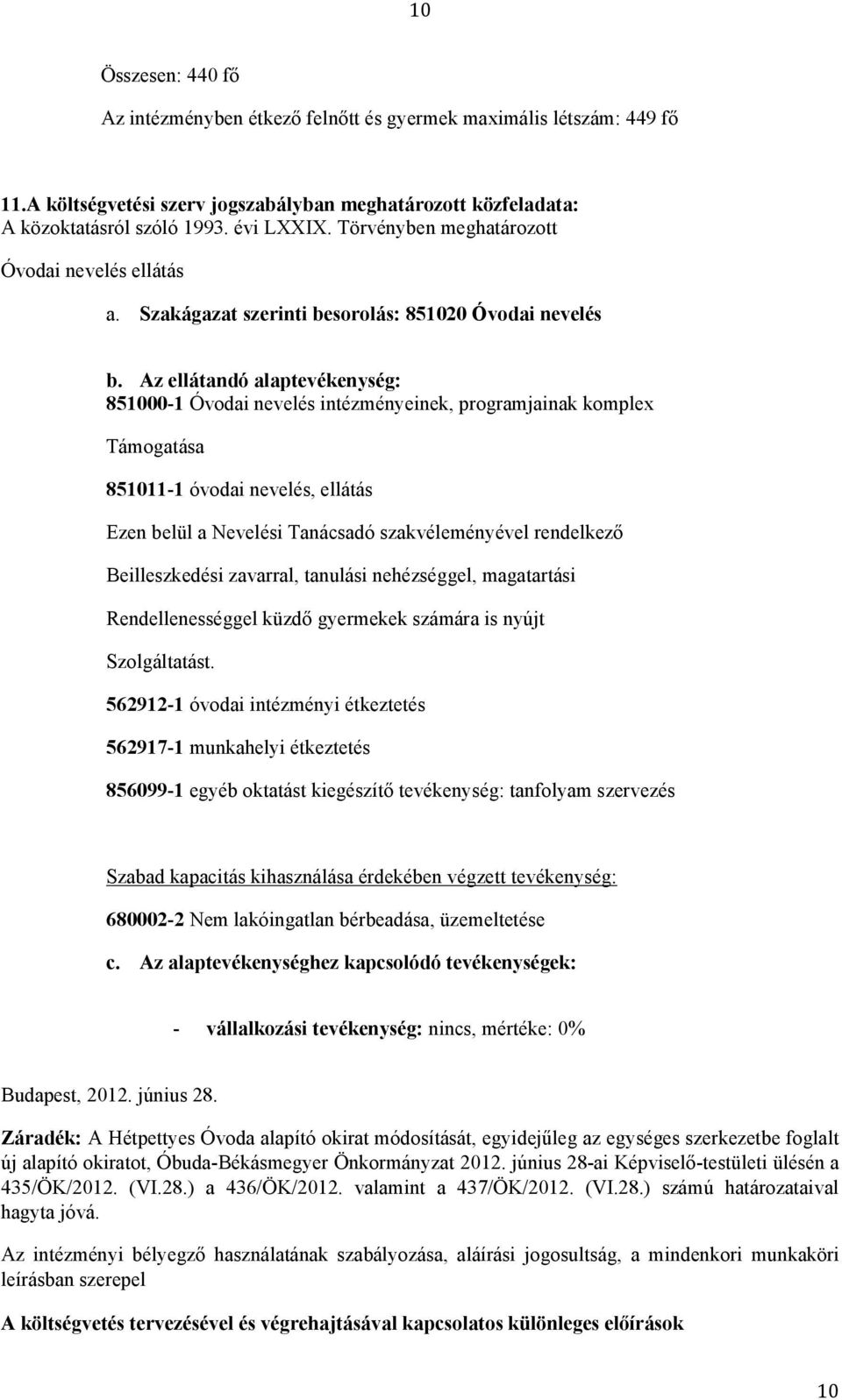 Az ellátandó alaptevékenység: 851000-1 Óvodai nevelés intézményeinek, programjainak komplex Támogatása 851011-1 óvodai nevelés, ellátás Ezen belül a Nevelési Tanácsadó szakvéleményével rendelkező