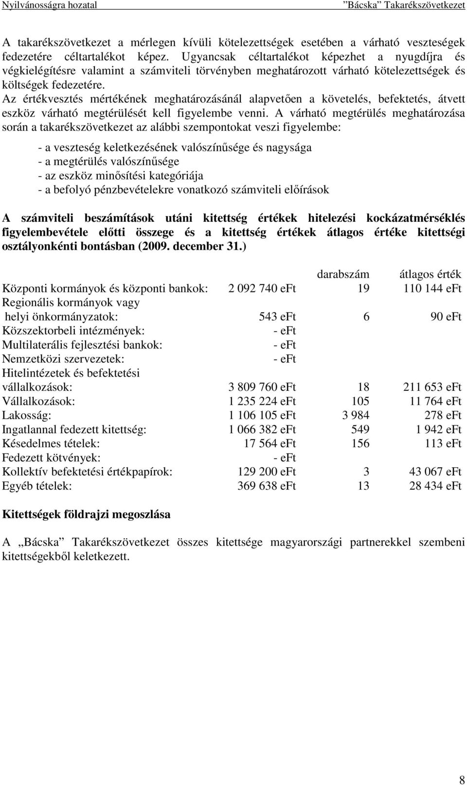 Az értékvesztés mértékének meghatározásánál alapvetıen a követelés, befektetés, átvett eszköz várható megtérülését kell figyelembe venni.