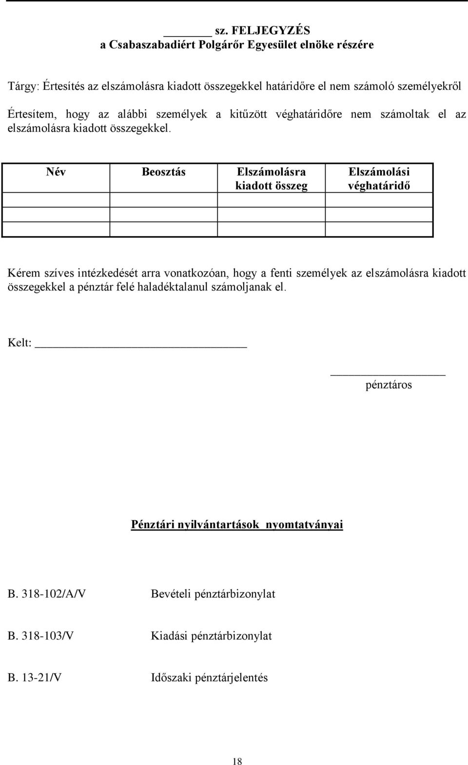 Név Beosztás Elszámolásra kiadott összeg Elszámolási véghatáridő Kérem szíves intézkedését arra vonatkozóan, hogy a fenti személyek az elszámolásra kiadott