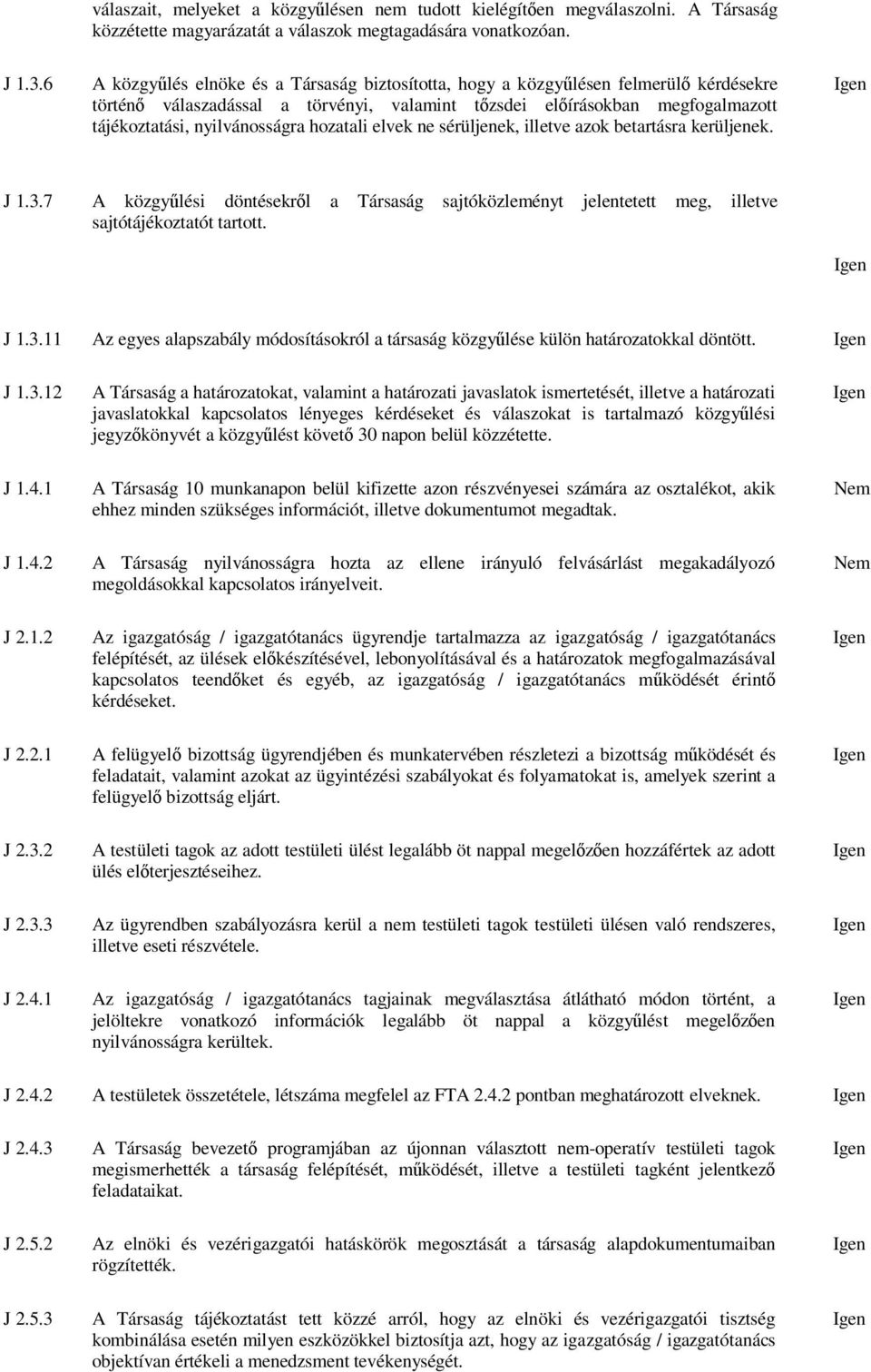 hozatali elvek ne sérüljenek, illetve azok betartásra kerüljenek. J 1.3.7 A közgy lési döntésekr l a Társaság sajtóközleményt jelentetett meg, illetve sajtótájékoztatót tartott. J 1.3.11 Az egyes alapszabály módosításokról a társaság közgy lése külön határozatokkal döntött.