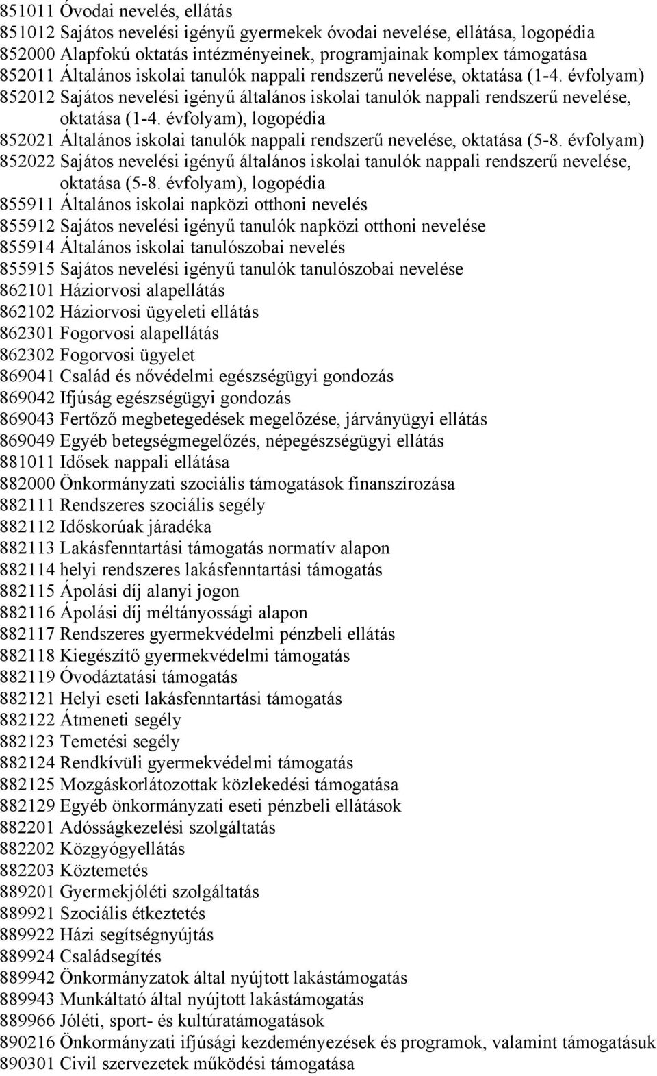 évfolyam), logopédia 852021 Általános iskolai tanulók nappali rendszerű nevelése, oktatása (5-8.