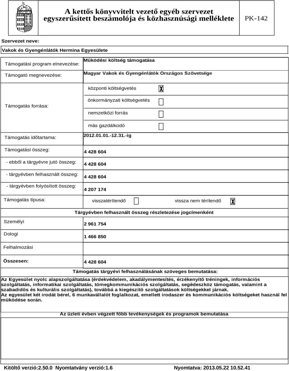 visszatérítendő vissza nem térítendő Tárgyévben felhasznált összeg részletezése jogcímenként Személyi Dologi 2 961 754 1 466 850 Felhalmozási Összesen: 4 428 604 Támogatás