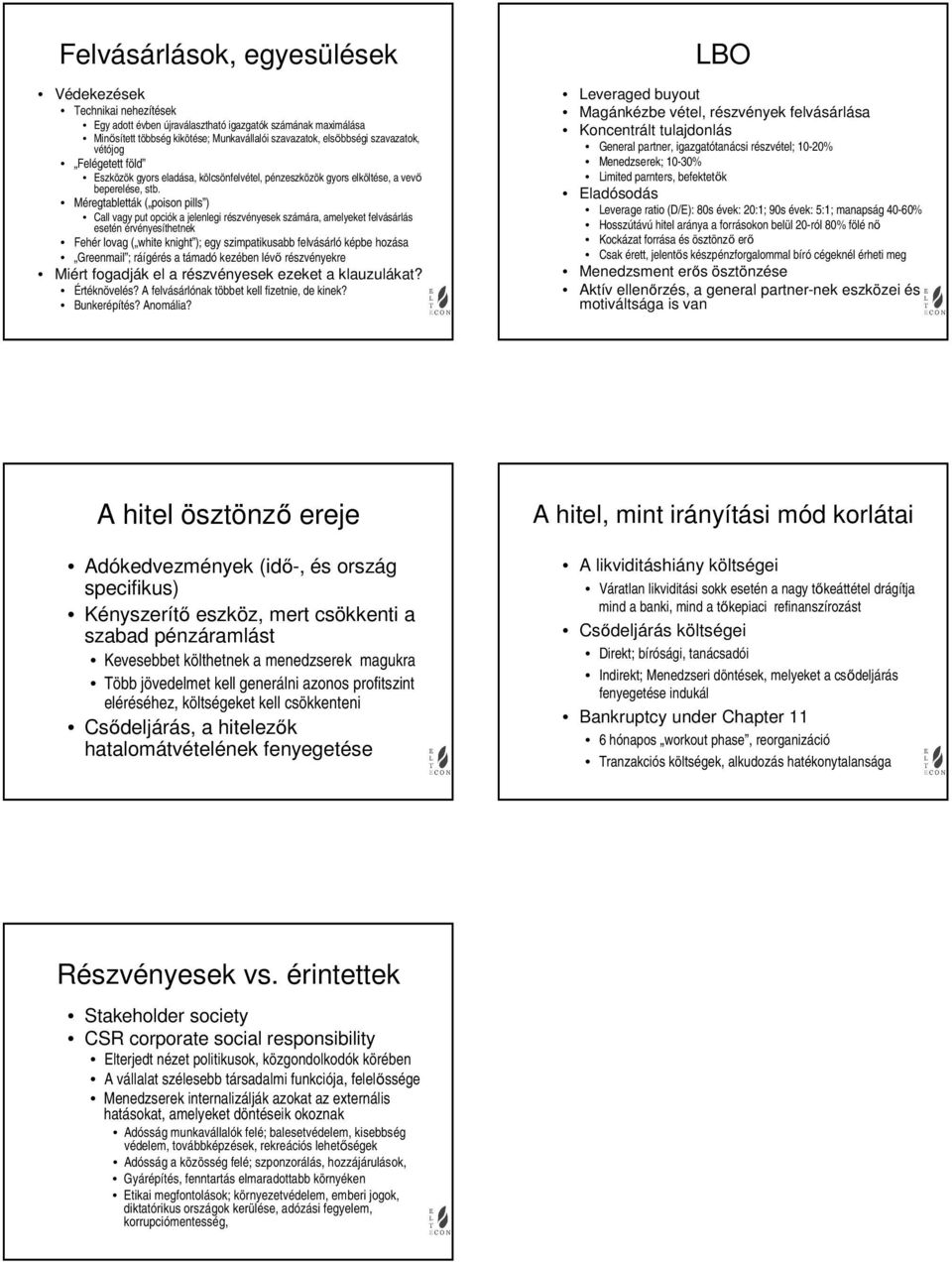 Méregtabletták ( poison pills ) Call vagy put opciók a jelenlegi részvényesek számára, amelyeket felvásárlás esetén érvényesíthetnek Fehér lovag ( white knight ); egy szimpatikusabb felvásárló képbe