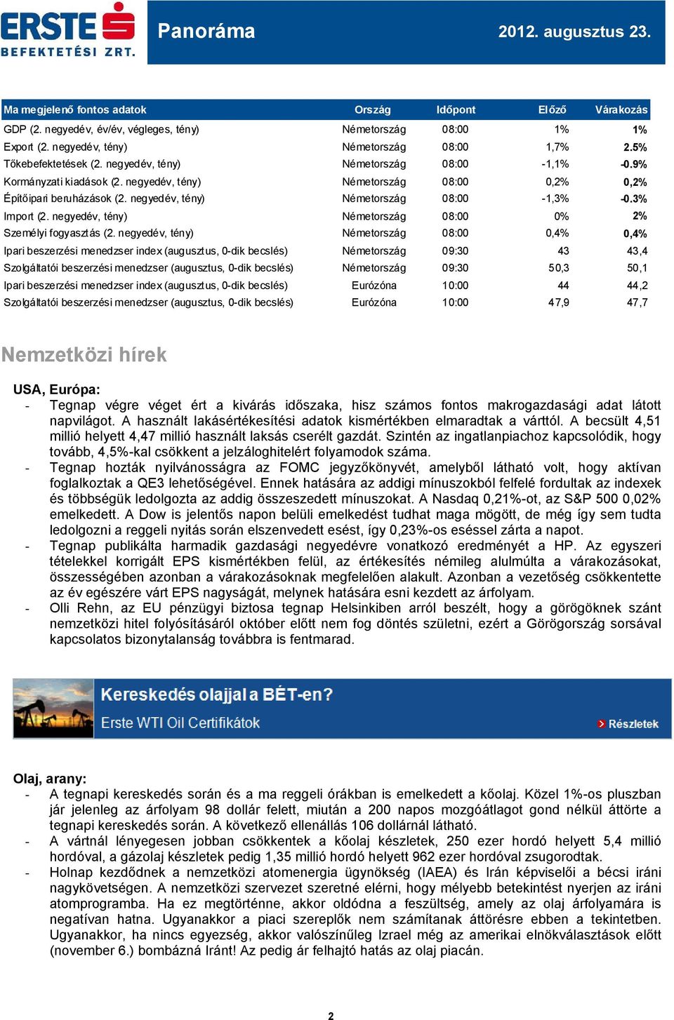 negyedév, tény) Németország 08: -1,3% -0.3% Import (2. negyedév, tény) Németország 08: 0% 2% Személyi fogyasztás (2.