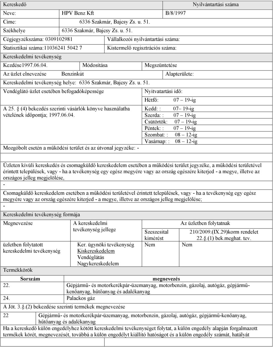 Módosítása Megszüntetése Az üzlet elnevezése Benzinkút Alapterülete: helye: 6336 Szakmár, Bajcsy Zs. u. 51. 1997.06.04.