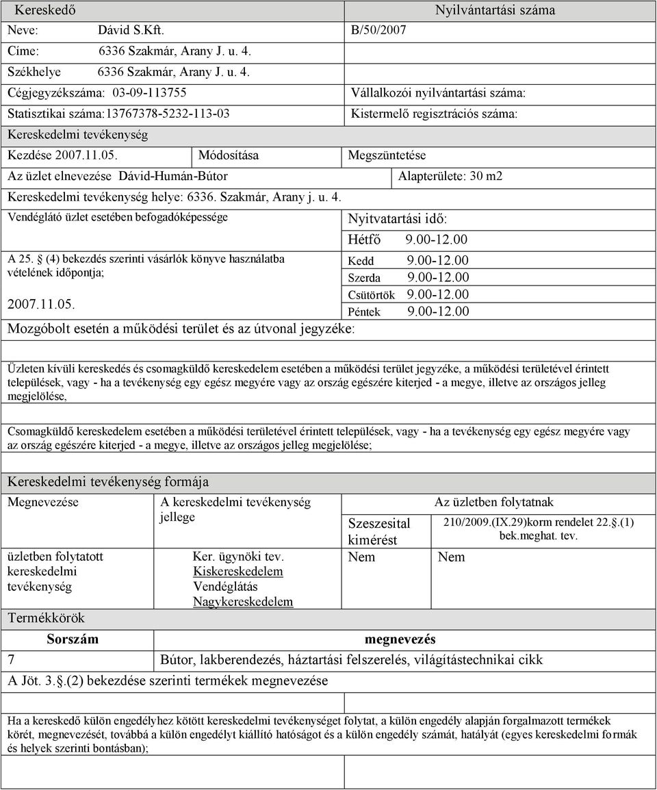 0012.00 települések, vagy ha a egy egész megyére vagy az ország egészére kiterjed a megye, illetve az országos jelleg megjelölése, Csomagküldő kereskedelem esetében a működési területével érintett