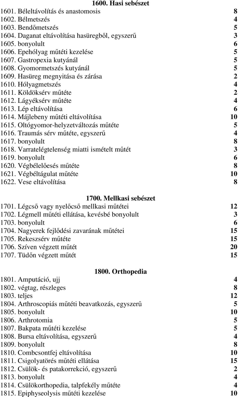 Lágyéksérv műtéte 4 1613. Lép eltávolítása 6 1614. Májlebeny műtéti eltávolítása 10 1615. Oltógyomor-helyzetváltozás műtéte 5 1616. Traumás sérv műtéte, egyszerű 4 1617. bonyolult 8 1618.