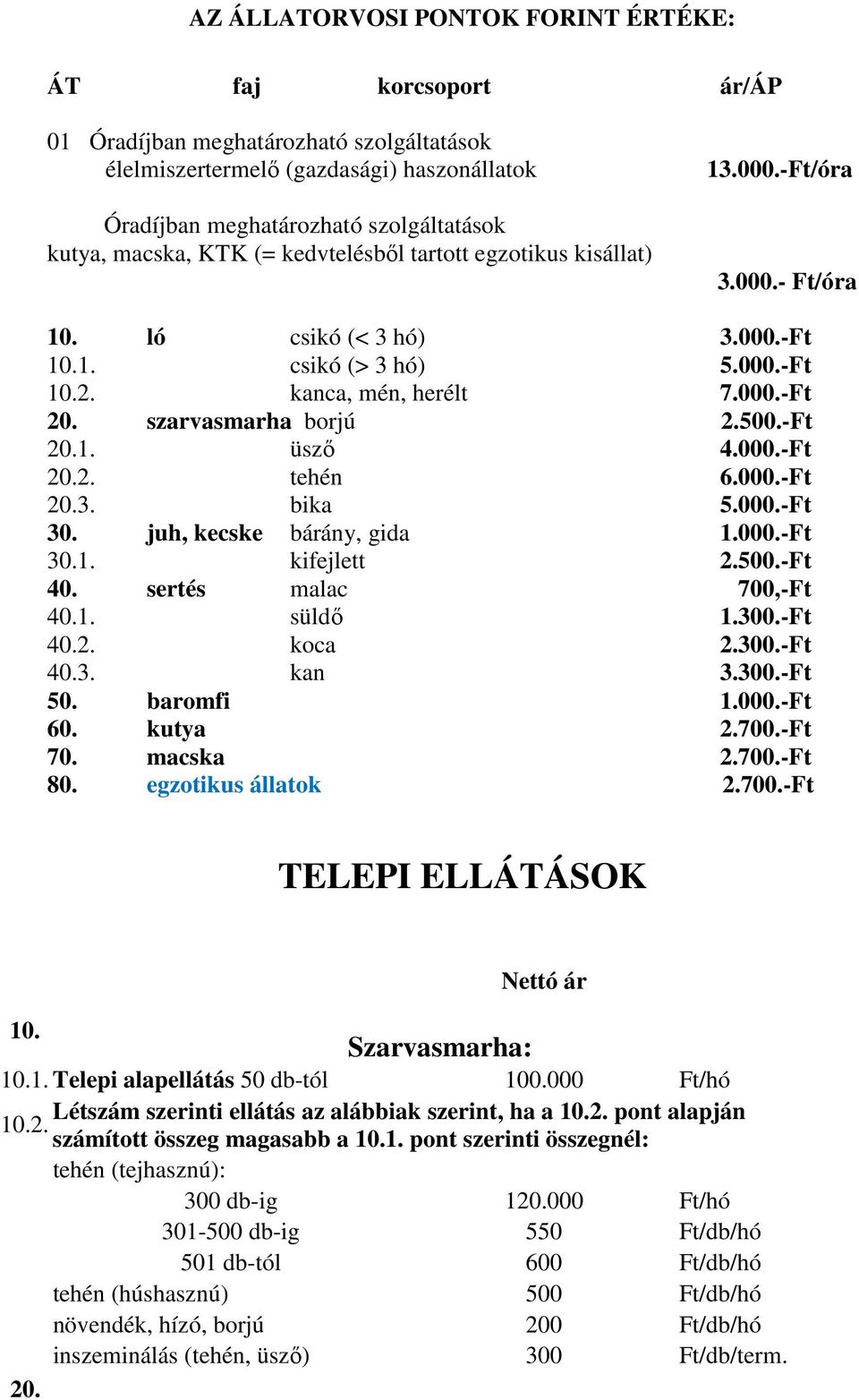 szarvasmarha borjú 2.500.-Ft 20.1. üsző 4.000.-Ft 20.2. tehén 6.000.-Ft 20.3. bika 5.000.-Ft 30. juh, kecske bárány, gida 1.000.-Ft 30.1. kifejlett 2.500.-Ft 40. sertés malac 700,-Ft 40.1. süldő 1.