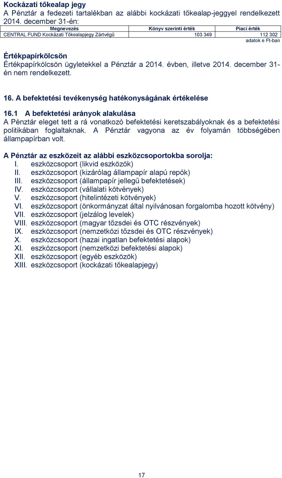 2014. évben, illetve 2014. december 31- én nem rendelkezett. 16. A befektetési tevékenység hatékonyságának értékelése 16.