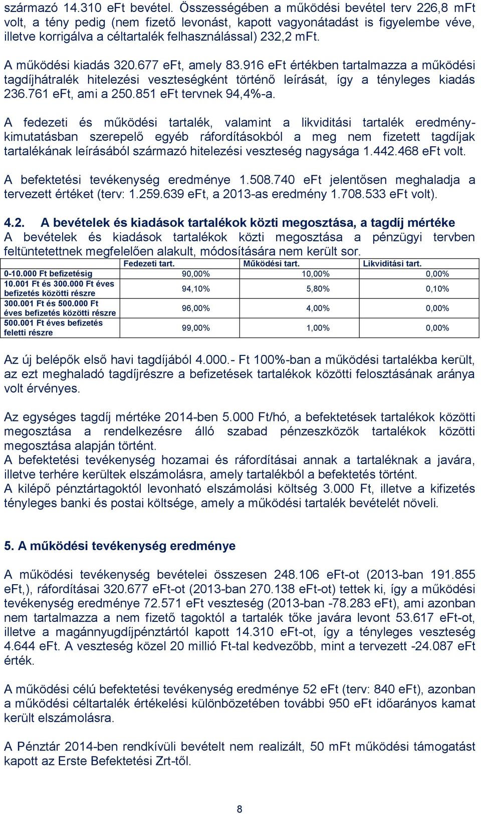A működési kiadás 320.677 eft, amely 83.916 eft értékben tartalmazza a működési tagdíjhátralék hitelezési veszteségként történő leírását, így a tényleges kiadás 236.761 eft, ami a 250.