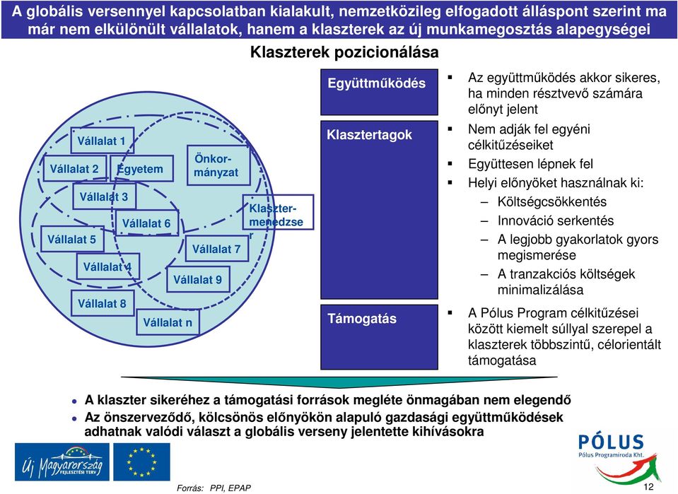 Vállalat 7 Vállalat 9 Önkormányzat Klasztermenedzse r Klasztertagok Támogatás Nem adják fel egyéni célkitűzéseiket Együttesen lépnek fel Helyi előnyöket használnak ki: Költségcsökkentés Innováció